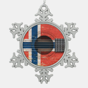 Norwegische Flagge auf alter Akustikgitarre Schneeflocken Zinn-Ornament