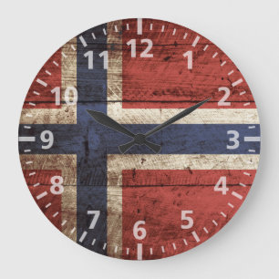Norwegische Flagge für alten Holzkorn Große Wanduhr