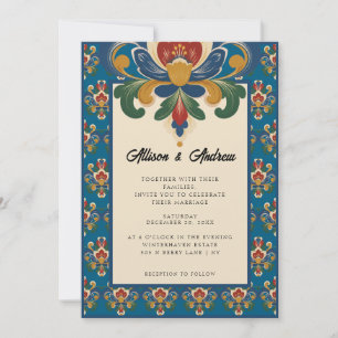 Norwegische Rosemaling Blaue Hochzeit Einladung