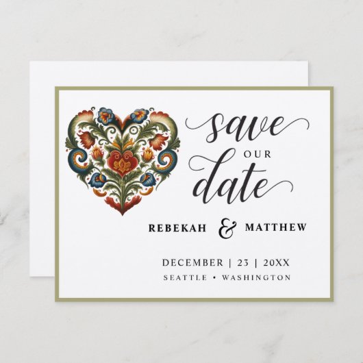 Norwegische Rosemaling-Herz-Hochzeit Save The Date (Vorne/Hinten)