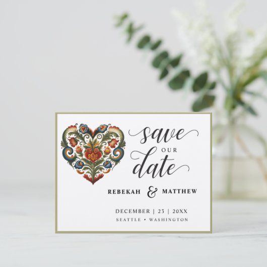 Norwegische Rosemaling-Herz-Hochzeit Save The Date (Stehend Vorderseite)