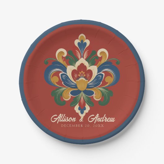 Norwegische Rosemaling-Rote Hochzeit Pappteller (Vorderseite)