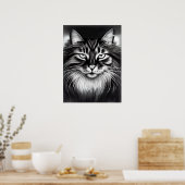 Norwegische Waldkatze in Schwarz und Weiß Poster (Küche)