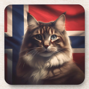 Norwegische Waldkatze vor norwegischer Flagge Getränkeuntersetzer