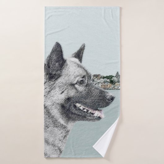 Norwegischer Elkhound bei Village Painting - Hunde Badhandtuch Set (Badehandtuch)