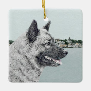 Norwegischer Elkhound bei Village Painting - Hunde Keramikornament