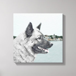 Norwegischer Elkhound bei Village Painting - Hunde Leinwanddruck
