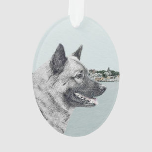 Norwegischer Elkhound bei Village Painting - Hunde Ornament