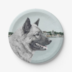 Norwegischer Elkhound bei Village Painting - Hunde Pappteller