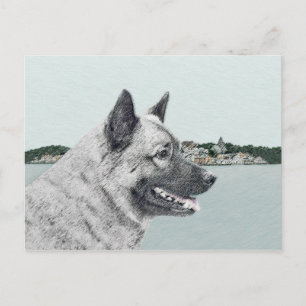 Norwegischer Elkhound bei Village Painting - Hunde Postkarte