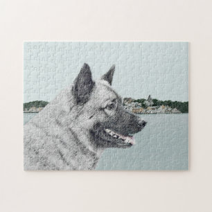 Norwegischer Elkhound bei Village Painting - Hunde Puzzle