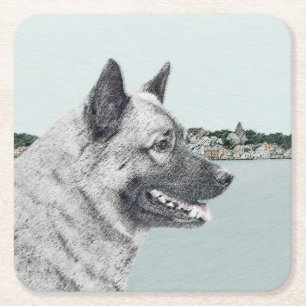 Norwegischer Elkhound bei Village Painting - Hunde Rechteckiger Pappuntersetzer