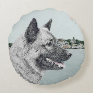 Norwegischer Elkhound bei Village Painting - Hunde Rundes Kissen
