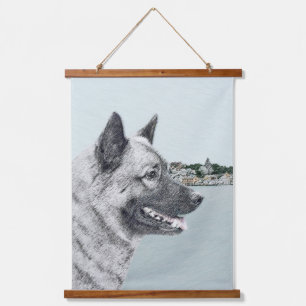 Norwegischer Elkhound bei Village Painting - Hunde Wandteppich Mit Holzrahmen