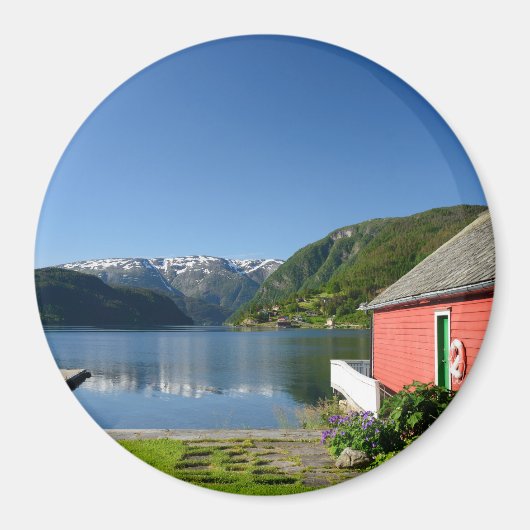 Norwegischer Fjord-Ansicht und Bootshaus-Rundmagne Magnet (Vorne)