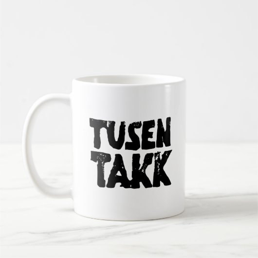 Norwegisches "Danke" Schwarz-Weiß-Lino-Schnitt Kaffeetasse (Links)