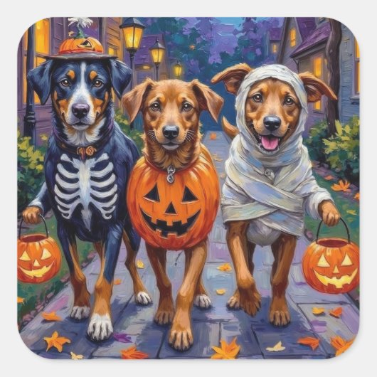 Norwegisches Lundehund Trick-or-Treating Halloween Quadratischer Aufkleber (Vorderseite)