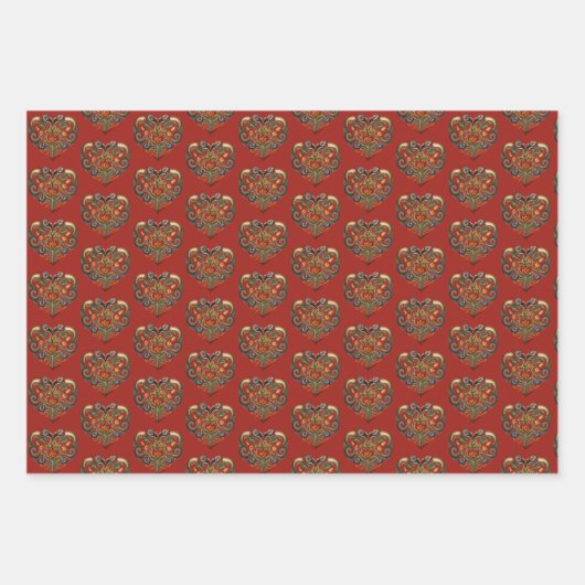 Norwegisches Rosemaling Folk Art Herz Geschenkpapier Set (Vorderseite 3)