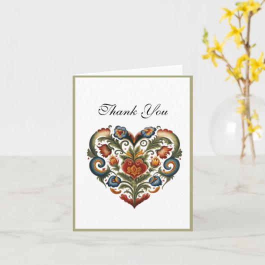Norwegisches Rosemaling Folk Art Herz | Vielen Dan Karte (Gelbe Blume)