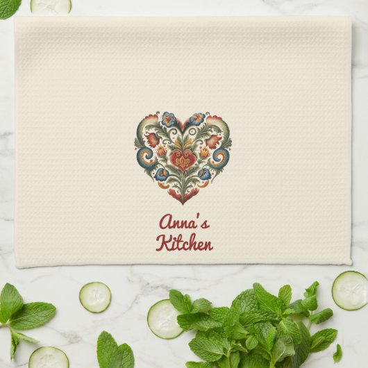 Norwegisches Rosemaling Folkloreherz Personalisier Geschirrtuch (Gefaltet)