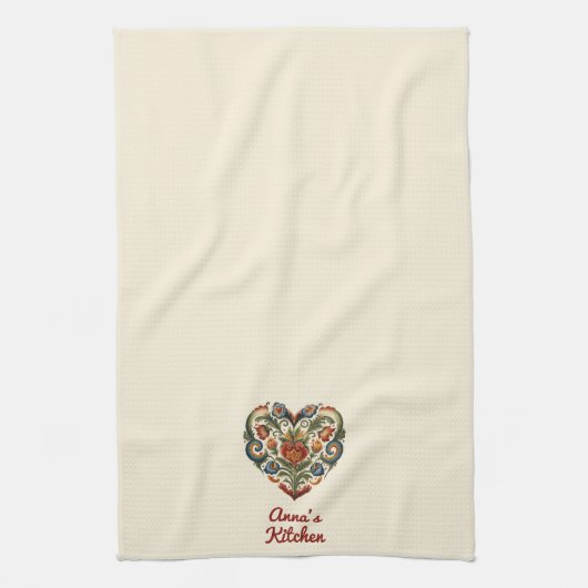 Norwegisches Rosemaling Folkloreherz Personalisier Geschirrtuch (Vertikal)