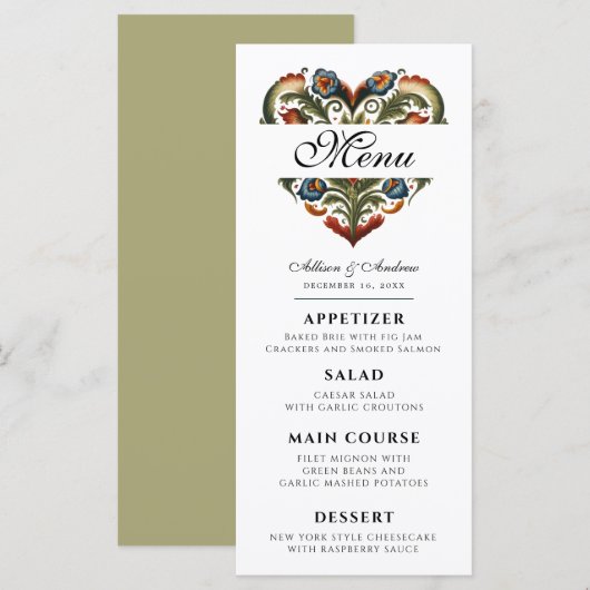 Norwegisches Rosemaling Heart Editable Dinner Menü (Vorne/Hinten)