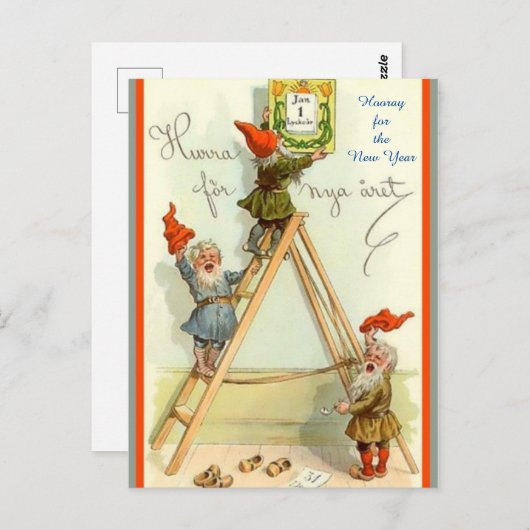 Norwegisches Tomte-Neujahr "Hurrah for Nya aret" Postkarte (Vorne/Hinten)
