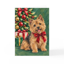 Norwich Terrier Red Bow Christmas Card