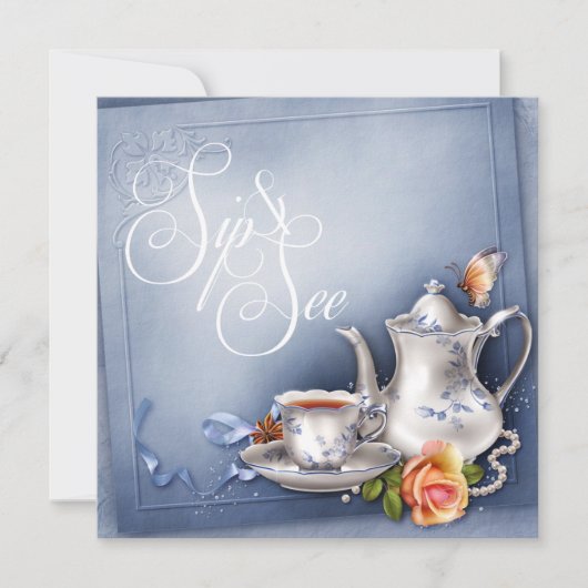 Nostalgic Blue Tee Time Sip und Babydusche Einladung (Vorderseite)