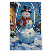 Nostalgic Happy Snowman with Bluebird Winter Scene Mittlere Geschenktüte (Vorderseite)