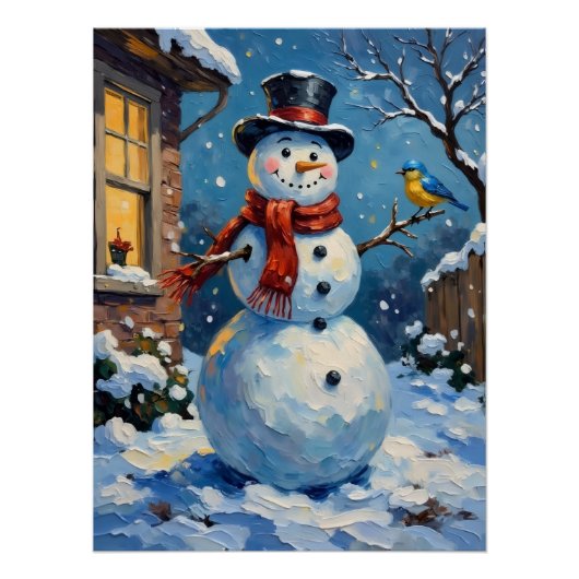 Nostalgic Happy Snowman with Bluebird Winter Scene Poster (Vorderseite)