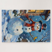 Nostalgic Happy Snowman with Bluebird Winter Scene Puzzle (Horizontal)