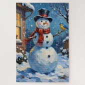 Nostalgic Happy Snowman with Bluebird Winter Scene Puzzle (Vertikal)