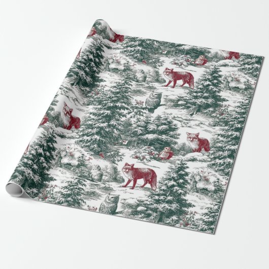 Nostalgic Vintage Red Green woodland Animals Geschenkpapier (Ungerollt)