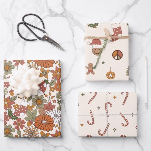Nostalgie Retro Groovy Weihnachten Geschenkpapier Set (Vorderseite)