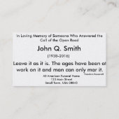 Nostalgiker-offene Straßen-Begräbnis- Gebets-Karte Visitenkarte (Rückseite)