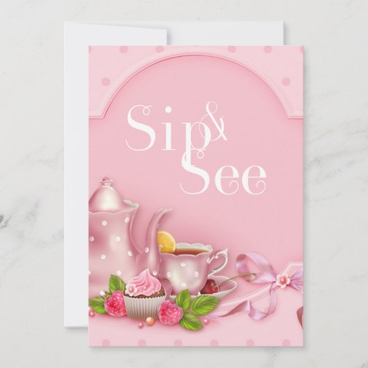 Nostalgisch Pink Tee Party Sip und sehen Babydusch Einladung (Vorderseite)