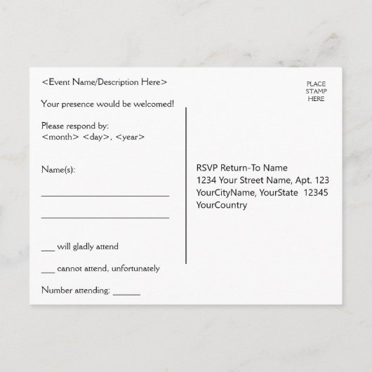 Nostalgisch "R.S.V.P." Postkarte (Rückseite)