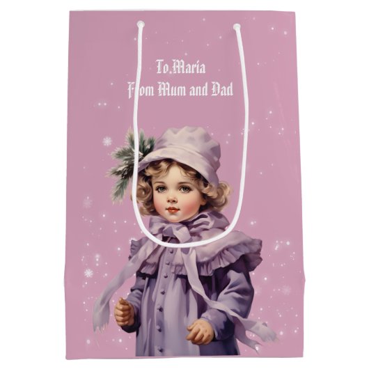 Nostalgisch und lila perfekt Mädchen Frohe Weihnac Mittlere Geschenktüte (Rückseite)