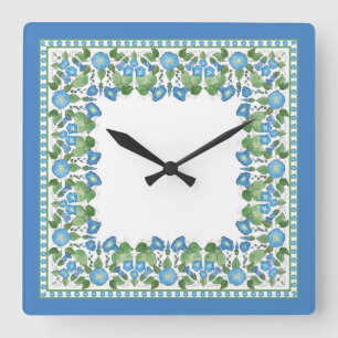 Nostalgische blaue Trichterwinden-Quadrat-Wanduhr Quadratische Wanduhr