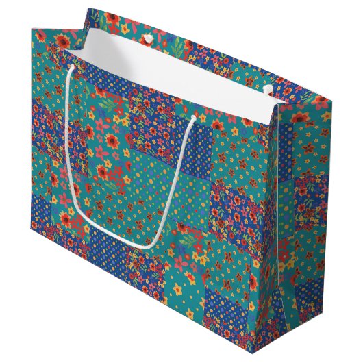 Nostalgische Imitate Patchwork Große Geschenktasch Geschenktüte (Vorderseite Schrägansicht)