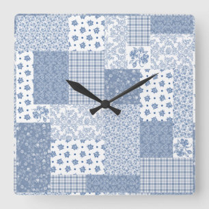 Nostalgische Indigo-Faux-Patchwork-Quadratische Wa Quadratische Wanduhr