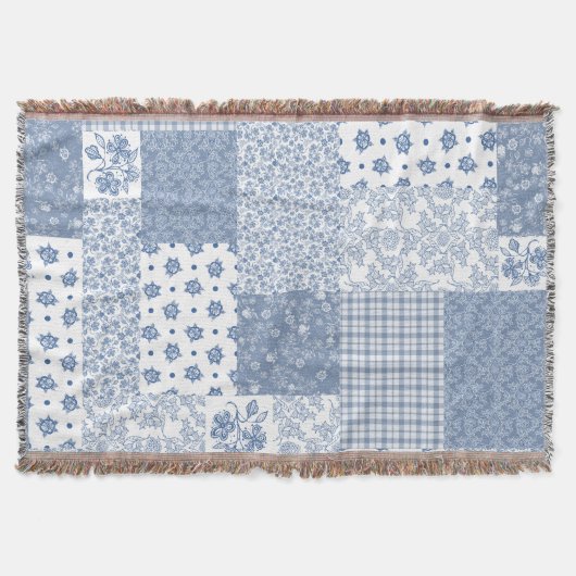 Nostalgische Indigo-Faux-Patchwork-Wurfdecke Decke (Vorderseite)