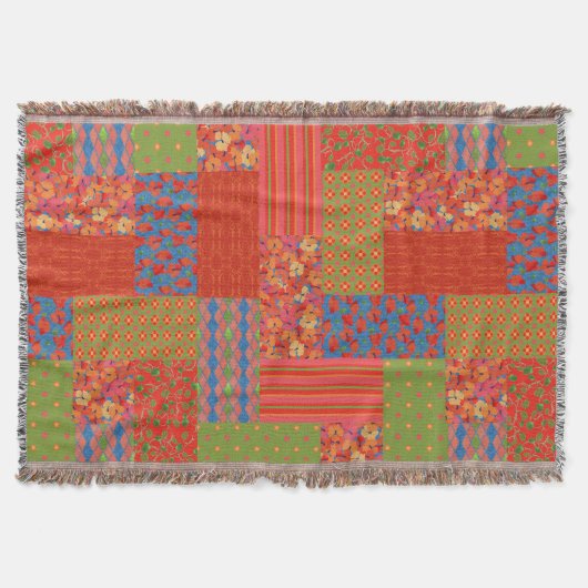 Nostalgische Mohn-Faux-Patchwork-Wurfdecke Decke (Vorderseite)