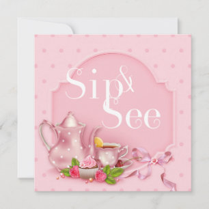 Nostalgische Pink Tea Time Sip and See Babyparty Einladung