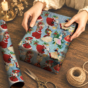 Nostalgische rote grüne Weihnachtsmädchen aus den Geschenkpapier