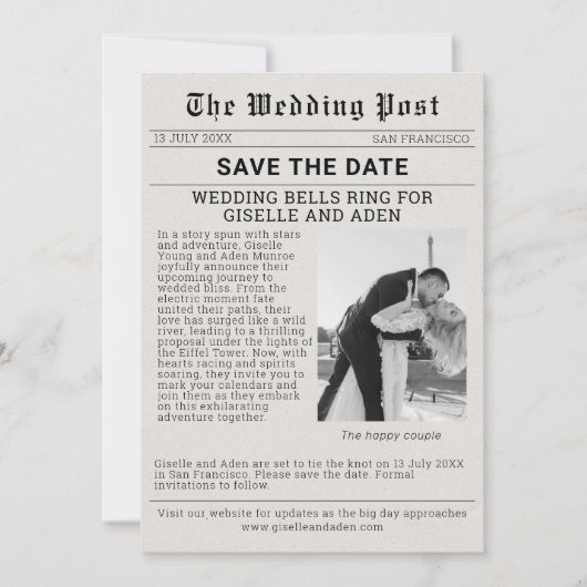 Nostalgische Zeitung Hochzeit retten das Datum Einladung (Vorderseite)