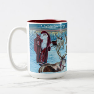 Nostalgischer bemalter Weihnachtsmann und Rentiere Zweifarbige Tasse