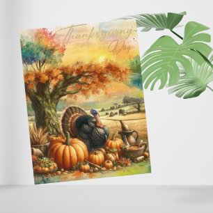Nostalgischer Erntedank Day Pumpkin und Truthähne Feiertagspostkarte