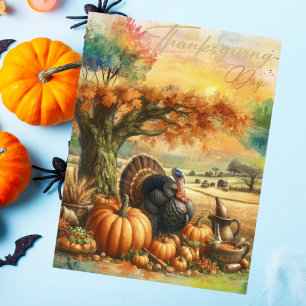 Nostalgischer Erntedank Pumpkin und Truthähne Feiertagspostkarte